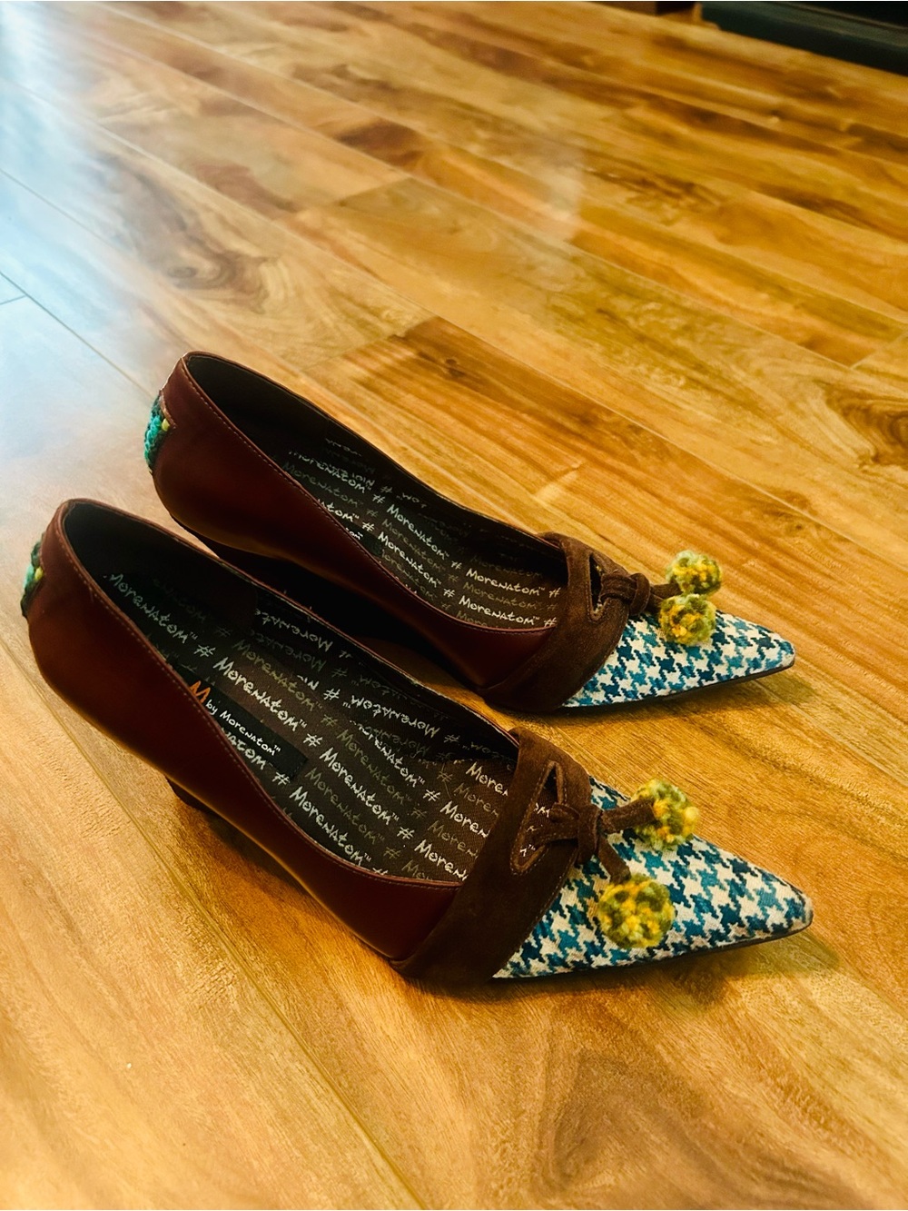 Brown and Blue Patterned Pointed Toe Women’s Flats with Pom Detail
